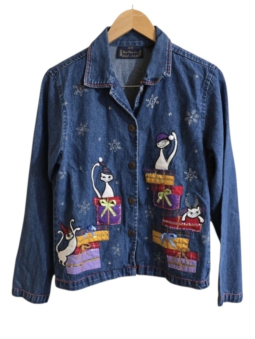 Vintage New Directions Festive Christmas Cat Lover Denim Jacket. Size Medium
